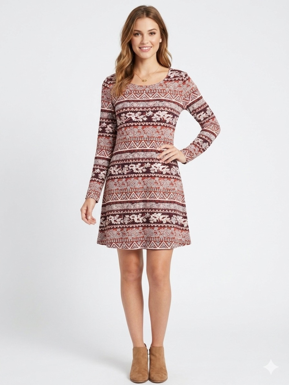Massini Cottony Stretchy Knit Burgundy and White Printed Long-Sleeve Dress